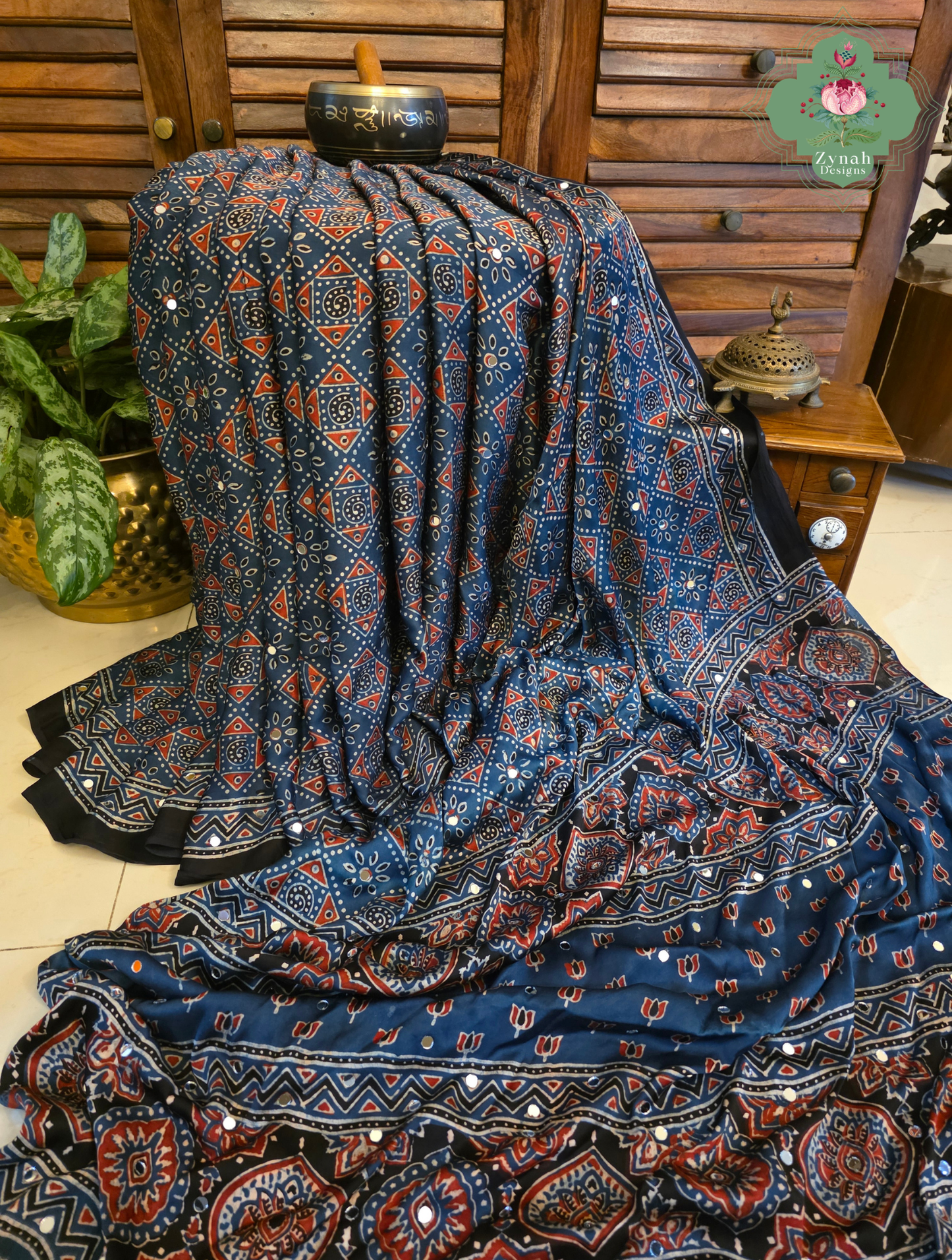 Dilkash Indigo Modal Silk Ajrakh Saree With Mirror Work