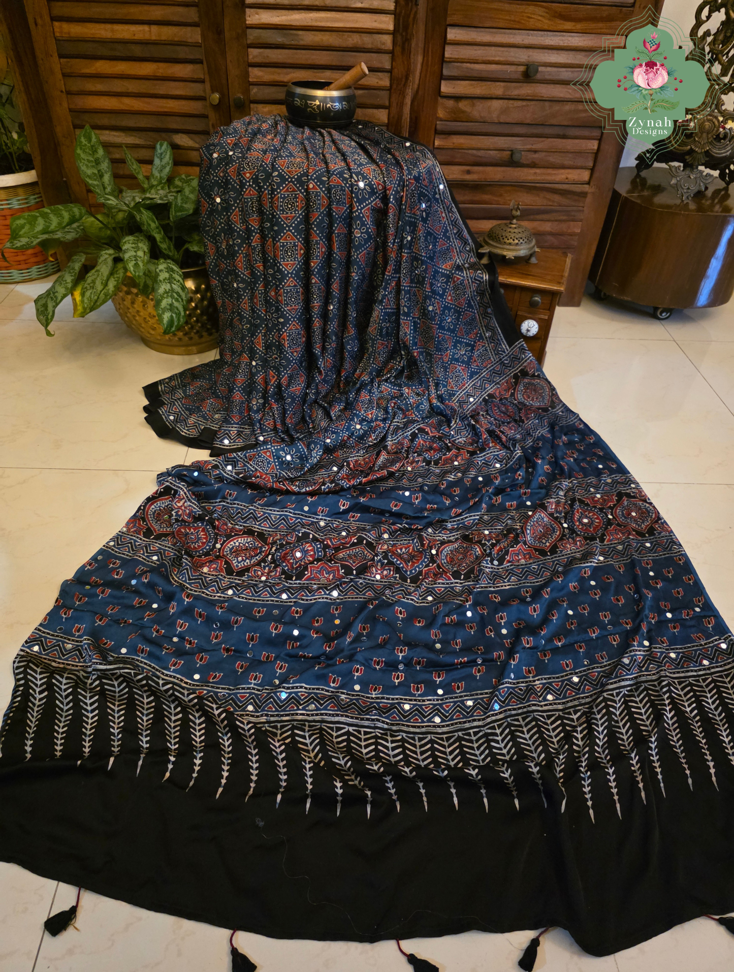 Dilkash Indigo Modal Silk Ajrakh Saree With Mirror Work