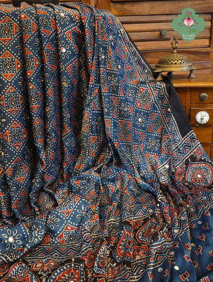 Dilkash Indigo Modal Silk Ajrakh Saree With Mirror Work