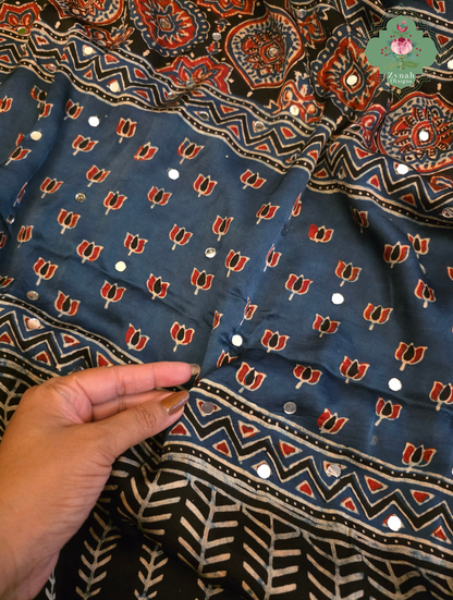 Dilkash Indigo Modal Silk Ajrakh Saree With Mirror Work