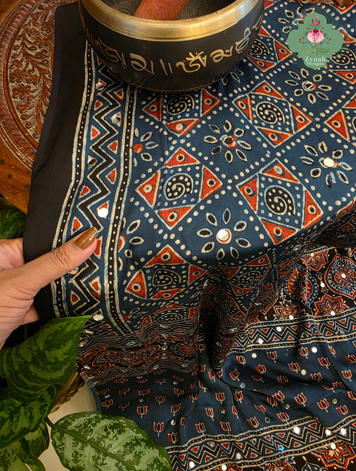 Dilkash Indigo Modal Silk Ajrakh Saree With Mirror Work