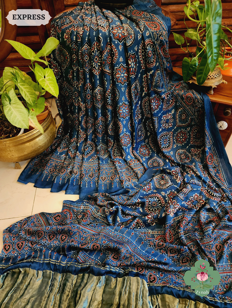 Zynah Indigo Modal Silk Ajrakh Saree With Zari Lagdi  Patta on Pallu; Custom Stitched/Ready-made Blouse, Fall, Petticoat; SKU: 08092023023