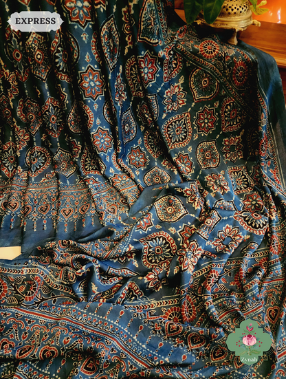 Zynah Indigo Modal Silk Ajrakh Saree With Zari Lagdi  Patta on Pallu; Custom Stitched/Ready-made Blouse, Fall, Petticoat; SKU: 08092023023