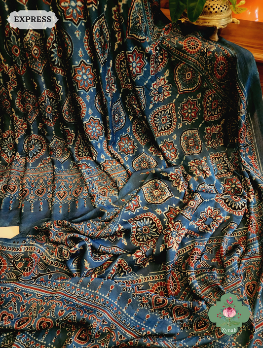 Zynah Indigo Modal Silk Ajrakh Saree With Zari Lagdi  Patta on Pallu; Custom Stitched/Ready-made Blouse, Fall, Petticoat; SKU: 08092023023