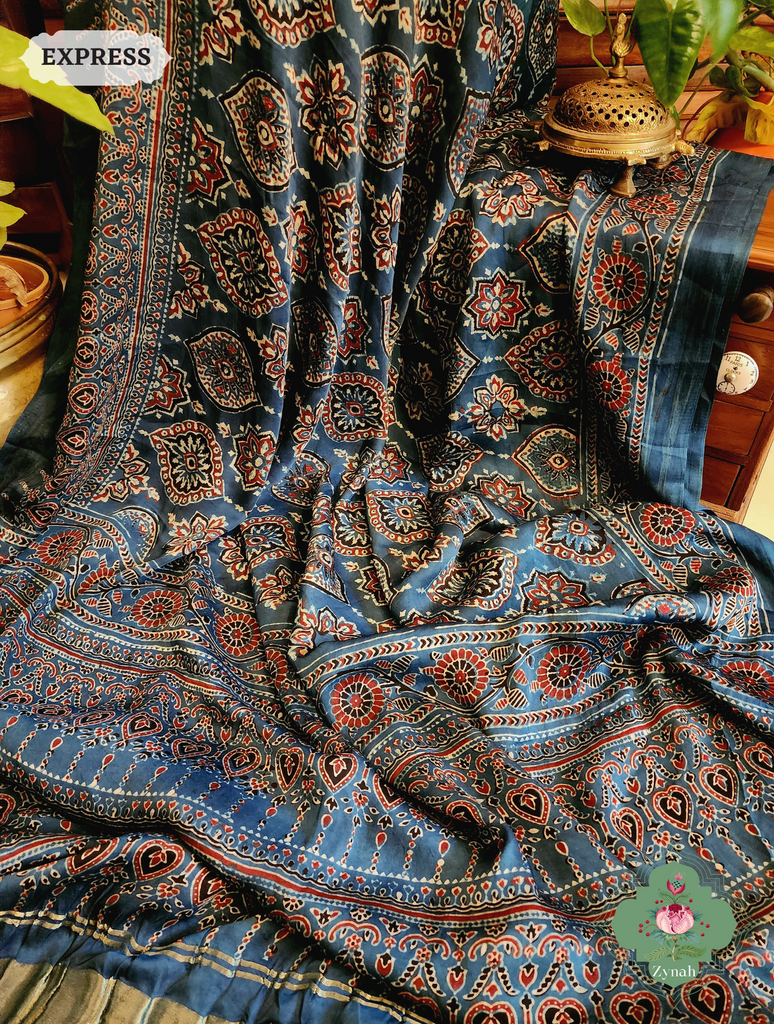 Zynah Indigo Modal Silk Ajrakh Saree With Zari Lagdi  Patta on Pallu; Custom Stitched/Ready-made Blouse, Fall, Petticoat; SKU: 08092023023