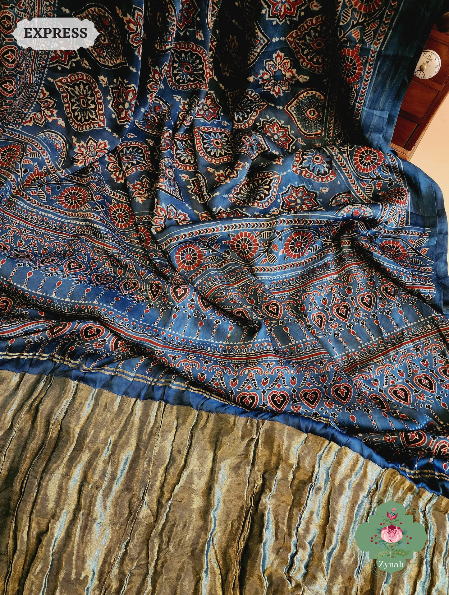 Zynah Indigo Modal Silk Ajrakh Saree With Zari Lagdi  Patta on Pallu; Custom Stitched/Ready-made Blouse, Fall, Petticoat; SKU: 08092023023
