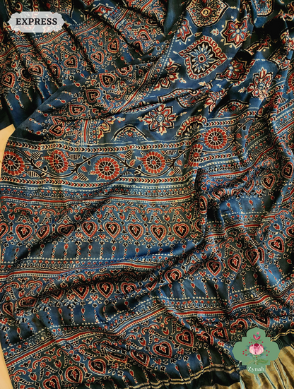 Zynah Indigo Modal Silk Ajrakh Saree With Zari Lagdi  Patta on Pallu; Custom Stitched/Ready-made Blouse, Fall, Petticoat; SKU: 08092023023