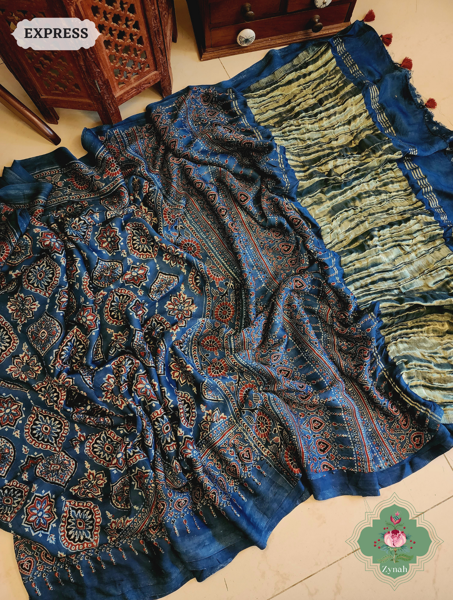 Zynah Indigo Modal Silk Ajrakh Saree With Zari Lagdi  Patta on Pallu; Custom Stitched/Ready-made Blouse, Fall, Petticoat; SKU: 08092023023