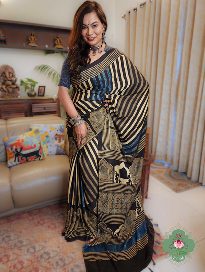 Indigo & Beige Ajrakh Modal Silk Saree With Jharonka Motif Pallu 1