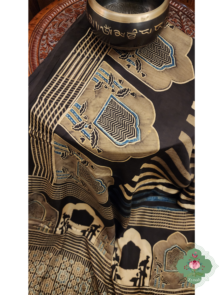 Zynah Indigo & Beige Ajrakh Modal Silk Saree With Jharonka Motif Pallu, Crafted Using The Traditional Method Of Hand Block Printing Using 100% Natural Dyes; Custom Stitched/Ready-made Blouse, Fall, Petticoat; SKU: 2001202406
