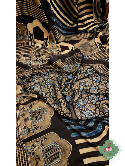 Indigo & Beige Ajrakh Modal Silk Saree With Jharonka Motif Pallu 9