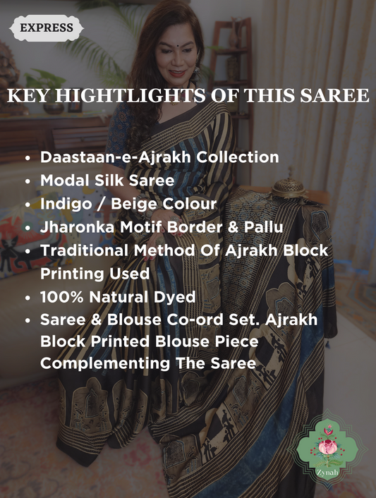 Indigo & Beige Ajrakh Modal Silk Saree With Jharonka Motif Pallu 2