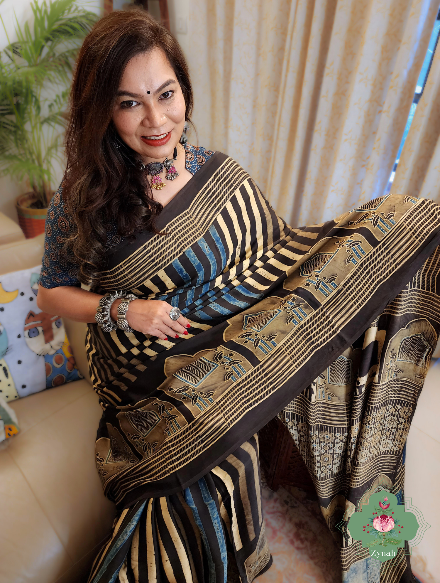 Indigo & Beige Ajrakh Modal Silk Saree With Jharonka Motif Pallu 4
