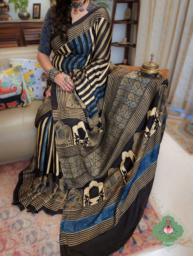 Indigo & Beige Ajrakh Modal Silk Saree With Jharonka Motif Pallu 5