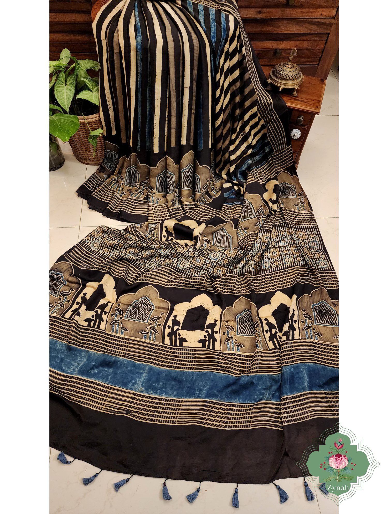 Indigo & Beige Ajrakh Modal Silk Saree With Jharonka Motif Pallu 6