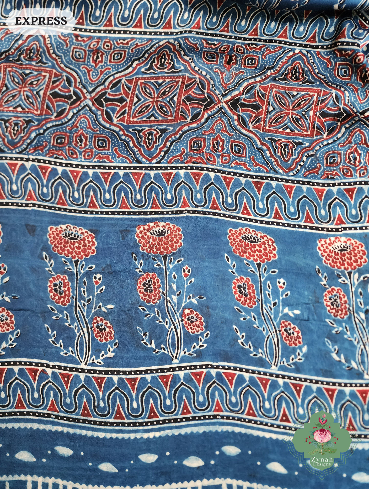 Zynah Indigo & Black Ajrakh Modal Silk Saree Crafted Using The Traditional Method Of Hand Block Printing Using 100% Natural Dyes; Custom Stitched/Ready-made Blouse, Fall, Petticoat; SKU: 1402202503