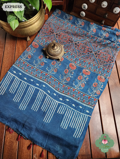 Zynah Indigo & Black Ajrakh Modal Silk Saree Crafted Using The Traditional Method Of Hand Block Printing Using 100% Natural Dyes; Custom Stitched/Ready-made Blouse, Fall, Petticoat; SKU: 1402202503