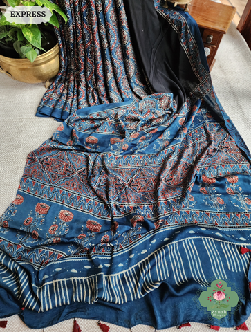 Zynah Indigo & Black Ajrakh Modal Silk Saree Crafted Using The Traditional Method Of Hand Block Printing Using 100% Natural Dyes; Custom Stitched/Ready-made Blouse, Fall, Petticoat; SKU: 1402202503