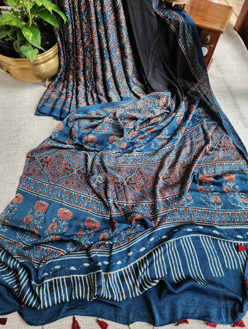 Zynah Indigo & Black Ajrakh Modal Silk Saree Crafted Using The Traditional Method Of Hand Block Printing Using 100% Natural Dyes; Custom Stitched/Ready-made Blouse, Fall, Petticoat; SKU: 1402202503