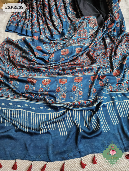 Zynah Indigo & Black Ajrakh Modal Silk Saree Crafted Using The Traditional Method Of Hand Block Printing Using 100% Natural Dyes; Custom Stitched/Ready-made Blouse, Fall, Petticoat; SKU: 1402202503
