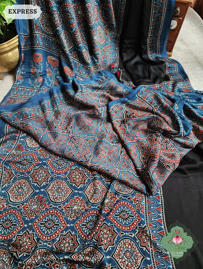 Zynah Indigo & Black Ajrakh Modal Silk Saree Crafted Using The Traditional Method Of Hand Block Printing Using 100% Natural Dyes; Custom Stitched/Ready-made Blouse, Fall, Petticoat; SKU: 1402202503