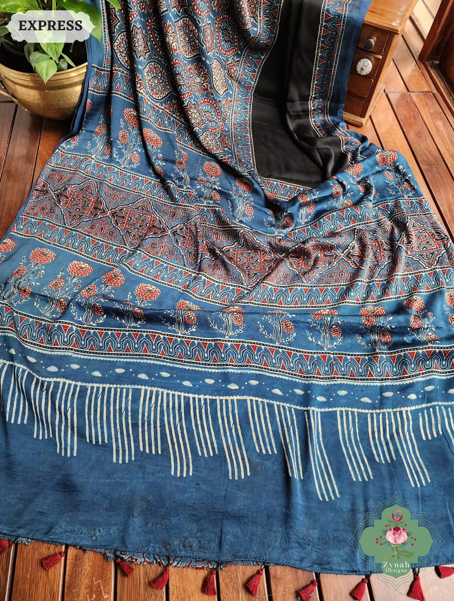 Zynah Indigo & Black Ajrakh Modal Silk Saree Crafted Using The Traditional Method Of Hand Block Printing Using 100% Natural Dyes; Custom Stitched/Ready-made Blouse, Fall, Petticoat; SKU: 1402202503