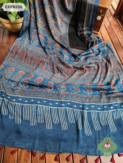 Zynah Indigo & Black Ajrakh Modal Silk Saree Crafted Using The Traditional Method Of Hand Block Printing Using 100% Natural Dyes; Custom Stitched/Ready-made Blouse, Fall, Petticoat; SKU: 1402202503