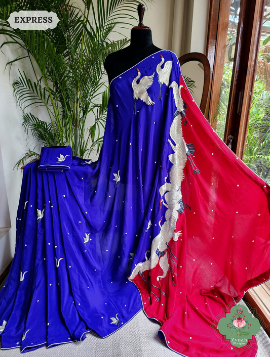 Zynah Made To Order Indigo & Cherry Red Pure Crepe Silk Parsi Gara Saree With Designer Motifs of Cranes & Swans; Custom Stitched/Ready-made Blouse, Fall, Petticoat; SKU: 2606202501