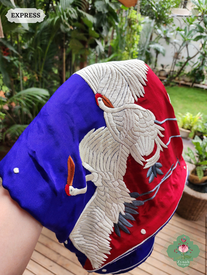 Zynah Made To Order Indigo & Cherry Red Pure Crepe Silk Parsi Gara Saree With Designer Motifs of Cranes & Swans; Custom Stitched/Ready-made Blouse, Fall, Petticoat; SKU: 2606202501