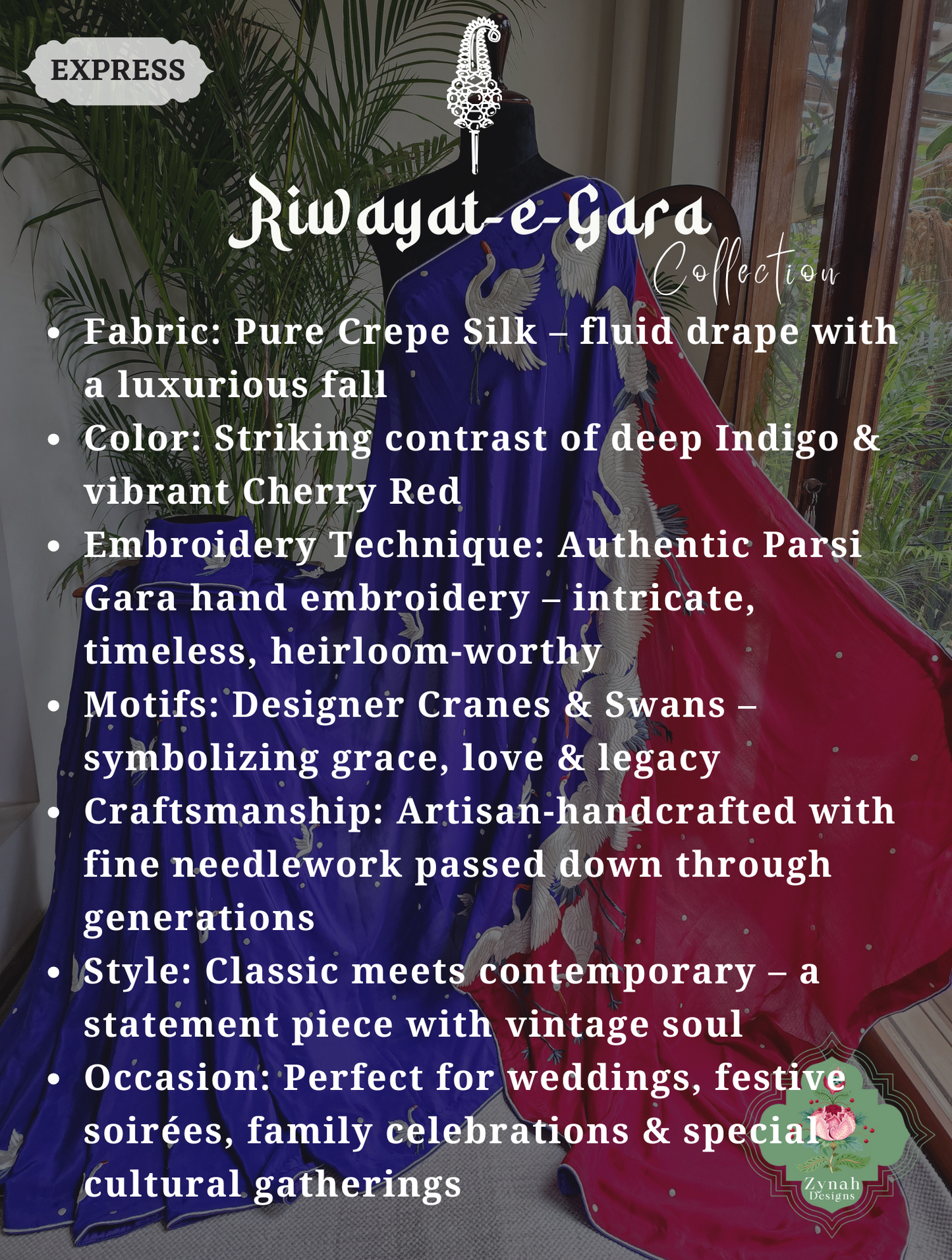Zynah Made To Order Indigo & Cherry Red Pure Crepe Silk Parsi Gara Saree With Designer Motifs of Cranes & Swans; Custom Stitched/Ready-made Blouse, Fall, Petticoat; SKU: 2606202501