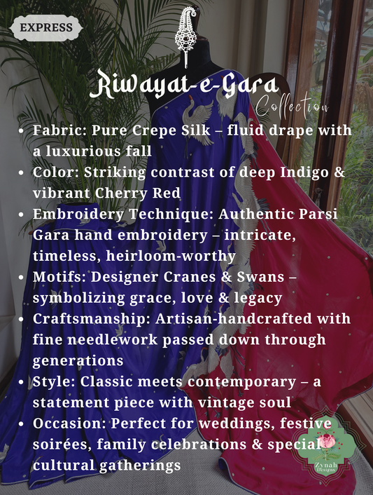 Zynah Made To Order Indigo & Cherry Red Pure Crepe Silk Parsi Gara Saree With Designer Motifs of Cranes & Swans; Custom Stitched/Ready-made Blouse, Fall, Petticoat; SKU: 2606202501