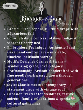 Zynah Indigo & Cherry Red Pure Crepe Silk Parsi Gara Saree With Designer Motifs of Cranes & Swans; Custom Stitched/Ready-made Blouse, Fall, Petticoat; SKU: 2606202501