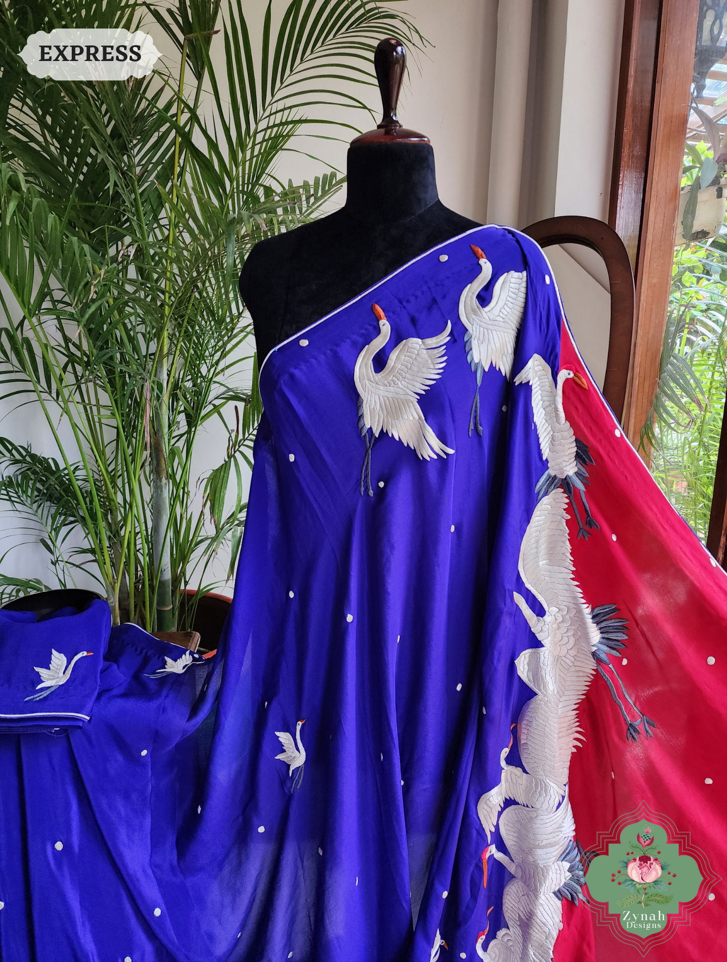 Zynah Made To Order Indigo & Cherry Red Pure Crepe Silk Parsi Gara Saree With Designer Motifs of Cranes & Swans; Custom Stitched/Ready-made Blouse, Fall, Petticoat; SKU: 2606202501