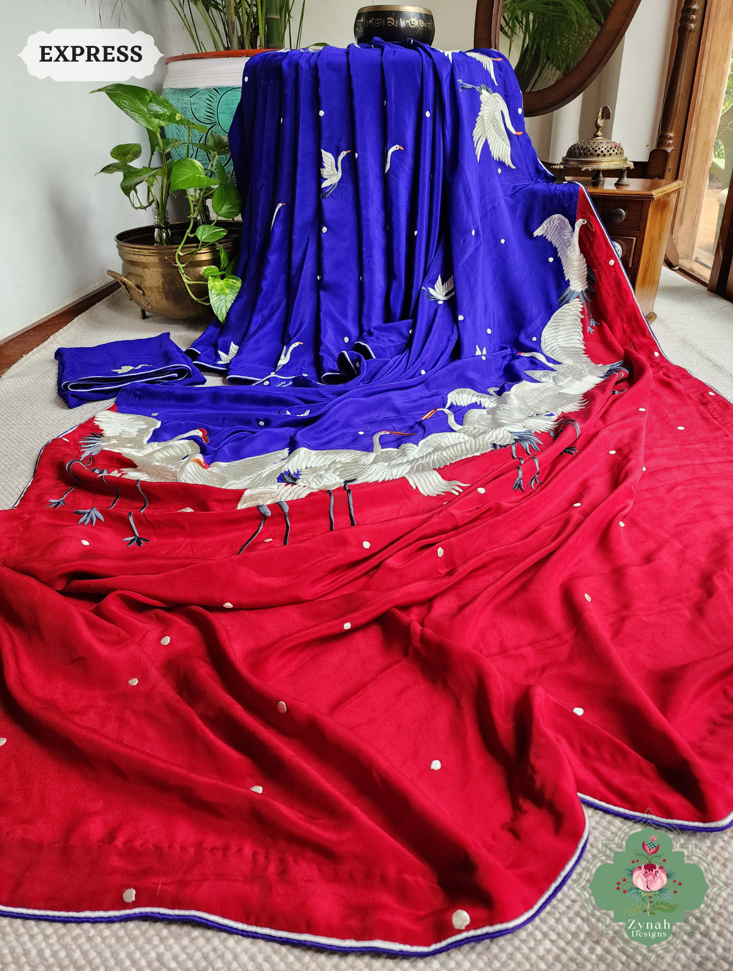 Zynah Made To Order Indigo & Cherry Red Pure Crepe Silk Parsi Gara Saree With Designer Motifs of Cranes & Swans; Custom Stitched/Ready-made Blouse, Fall, Petticoat; SKU: 2606202501