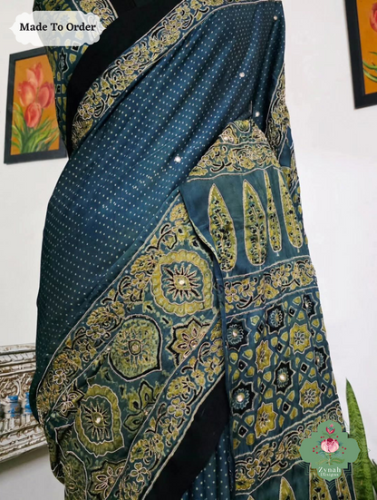 Zynah Made To Order Indigo & Green Ajrakh Modal Silk Saree With Lagdi Patta Pallu & Hand Embellishments; Custom Stitched/Ready-made Blouse, Fall, Petticoat; SKU:1909202507