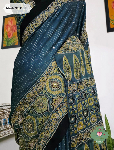Zynah Made To Order Indigo & Green Ajrakh Modal Silk Saree With Lagdi Patta Pallu & Hand Embellishments; Custom Stitched/Ready-made Blouse, Fall, Petticoat; SKU:1909202507
