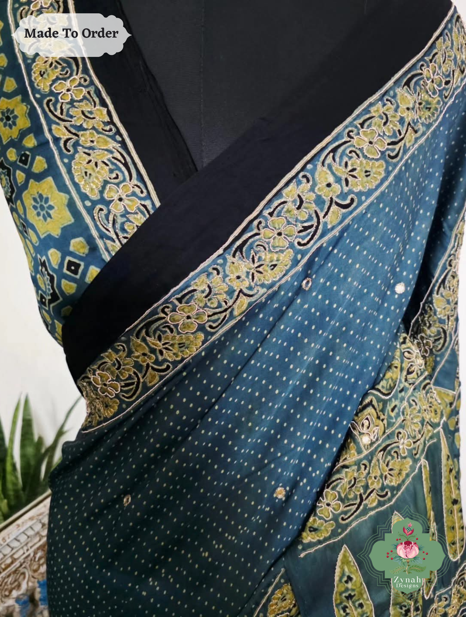 Zynah Made To Order Indigo & Green Ajrakh Modal Silk Saree With Lagdi Patta Pallu & Hand Embellishments; Custom Stitched/Ready-made Blouse, Fall, Petticoat; SKU:1909202507