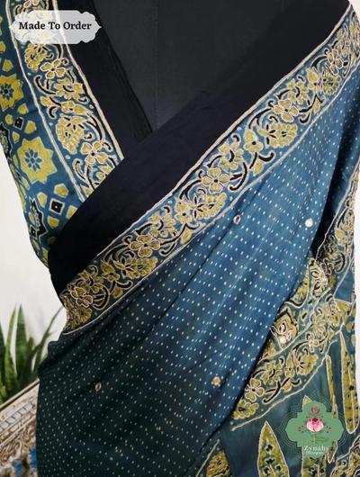Zynah Made To Order Indigo & Green Ajrakh Modal Silk Saree With Lagdi Patta Pallu & Hand Embellishments; Custom Stitched/Ready-made Blouse, Fall, Petticoat; SKU:1909202507