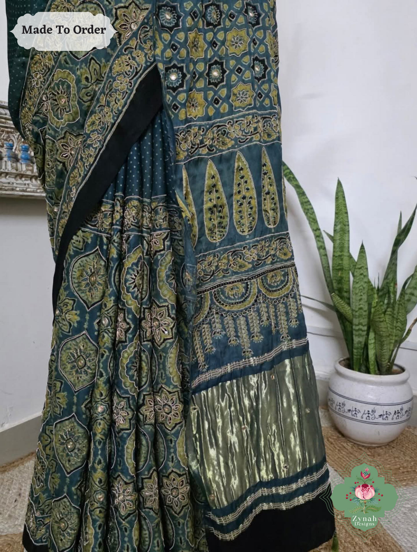 Zynah Made To Order Indigo & Green Ajrakh Modal Silk Saree With Lagdi Patta Pallu & Hand Embellishments; Custom Stitched/Ready-made Blouse, Fall, Petticoat; SKU:1909202507