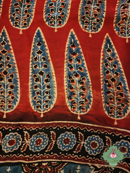 Zynah Indigo & Madder Red Ajrakh Modal Silk Saree With Lagdi Patta Pallu, Crafted Using The Traditional Method Of Hand Block Printing Using 100% Natural Dyes; Custom Stitched/Ready-made Blouse, Fall, Petticoat; SKU: 2001202403
