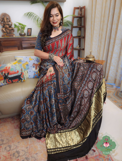 Indigo & Madder Red Ajrakh Modal Silk Saree With Lagdi Patta Pallu 1