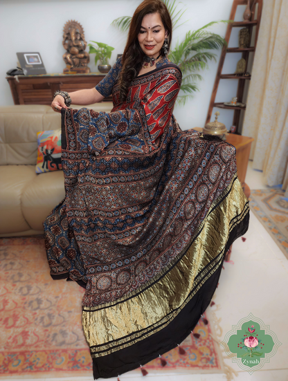 Indigo & Madder Red Ajrakh Modal Silk Saree With Lagdi Patta Pallu 3