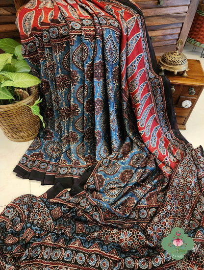 Indigo & Madder Red Ajrakh Modal Silk Saree With Lagdi Patta Pallu 6