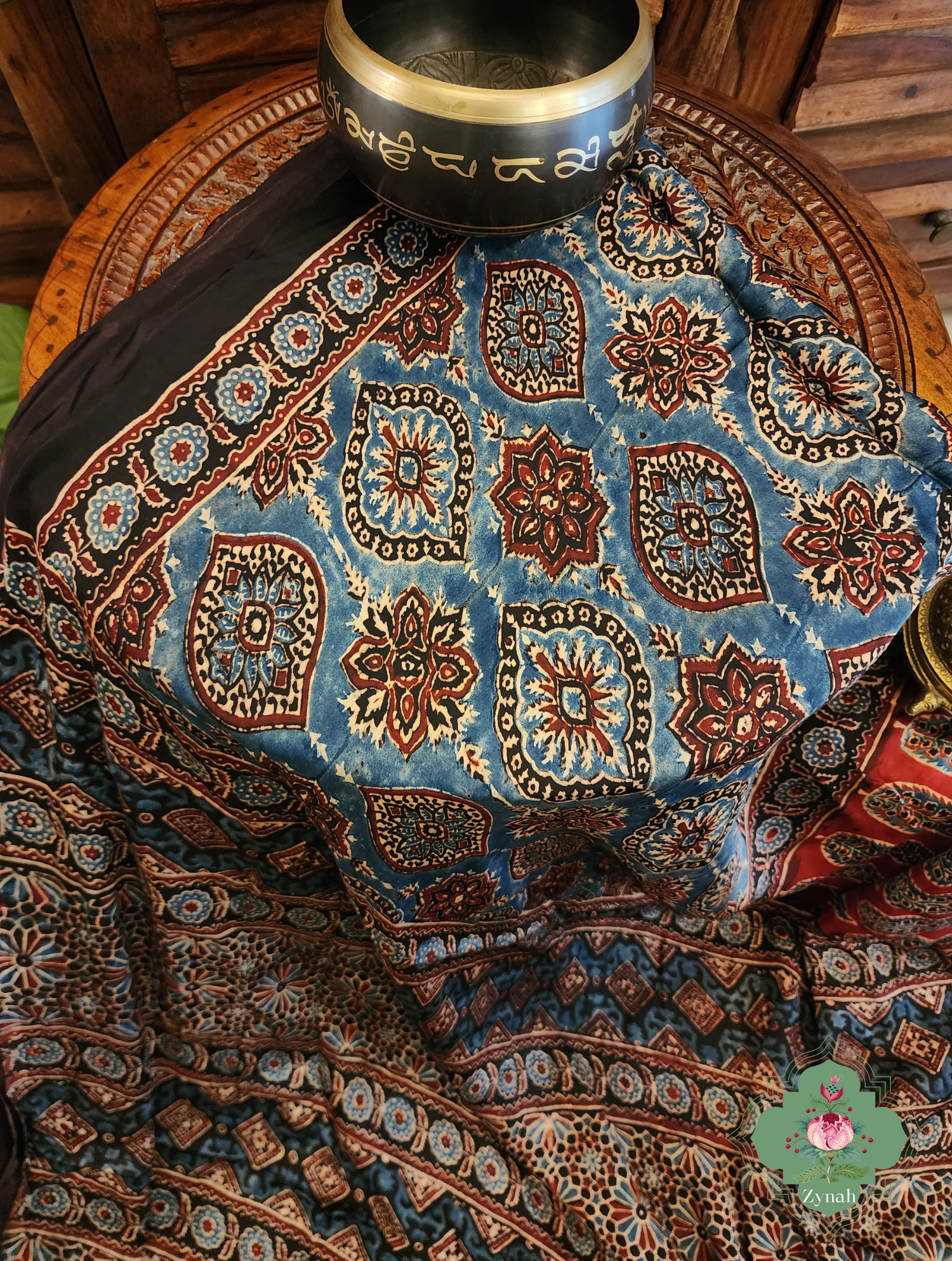 Indigo & Madder Red Ajrakh Modal Silk Saree With Lagdi Patta Pallu 9