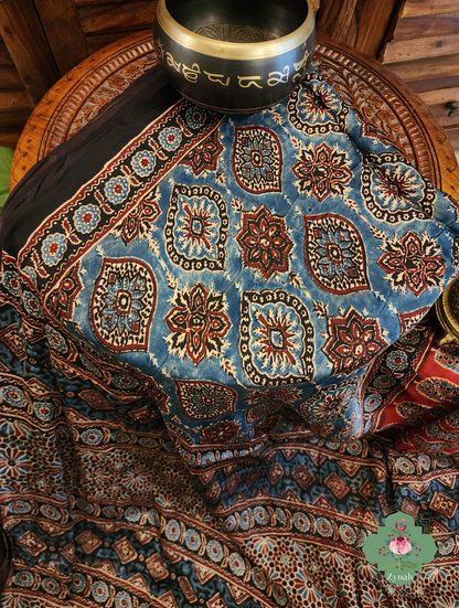 Indigo & Madder Red Ajrakh Modal Silk Saree With Lagdi Patta Pallu 9