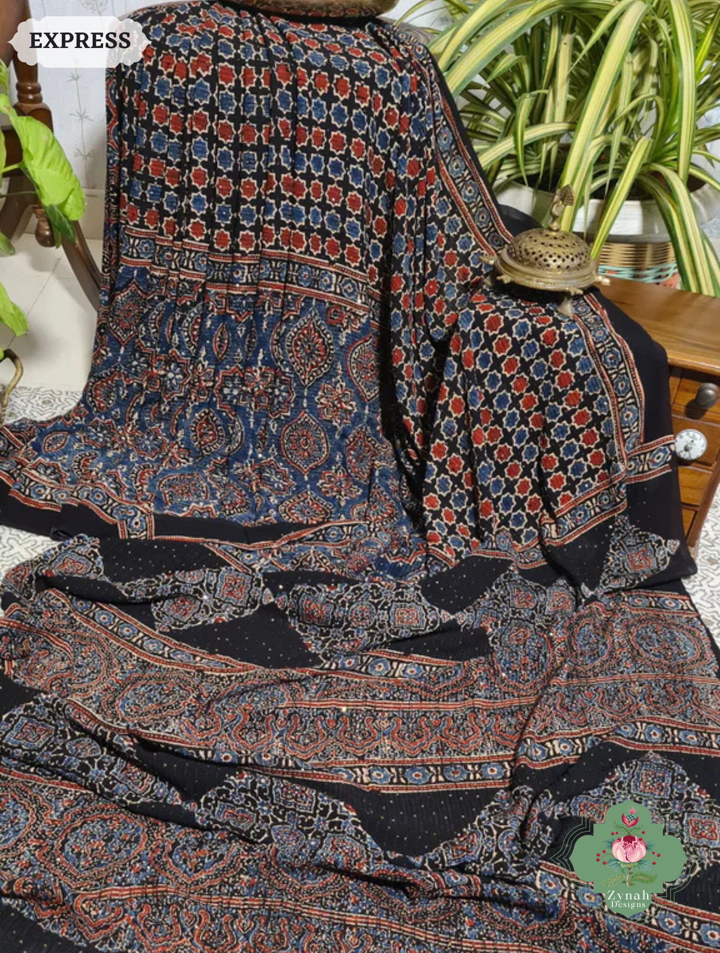 Zynah Indigo & Madder Red Hand-Block Printed Georgette Silk Ajrakh Saree with Sequins Highlight; Custom Stitched/Ready-made Blouse, Fall, Petticoat; SKU: 1004202511