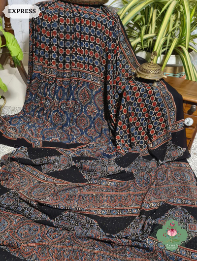 Zynah Indigo & Madder Red Hand-Block Printed Georgette Silk Ajrakh Saree with Sequins Highlight; Custom Stitched/Ready-made Blouse, Fall, Petticoat; SKU: 1004202511