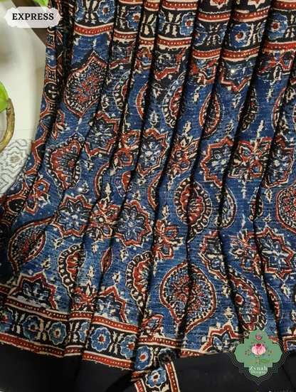 Zynah Indigo & Madder Red Hand-Block Printed Georgette Silk Ajrakh Saree with Sequins Highlight; Custom Stitched/Ready-made Blouse, Fall, Petticoat; SKU: 1004202511