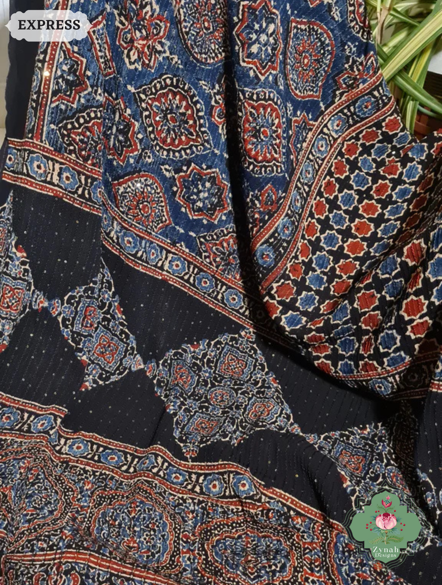 Zynah Indigo & Madder Red Hand-Block Printed Georgette Silk Ajrakh Saree with Sequins Highlight; Custom Stitched/Ready-made Blouse, Fall, Petticoat; SKU: 1004202511