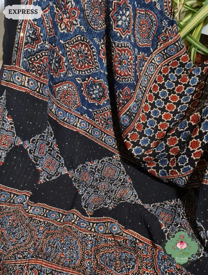 Zynah Indigo & Madder Red Hand-Block Printed Georgette Silk Ajrakh Saree with Sequins Highlight; Custom Stitched/Ready-made Blouse, Fall, Petticoat; SKU: 1004202511